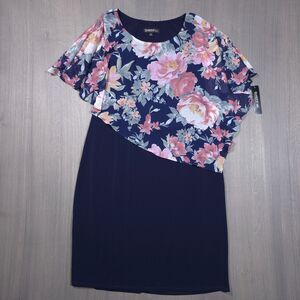 Glamour Nights Women's Dress Size 10 Navy Floral Chiffon Overlay Flutter Sleeve